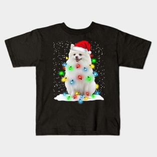 White Pomeranian Christmas Santa Hat Xmas Tree Color Lights Kids T-Shirt